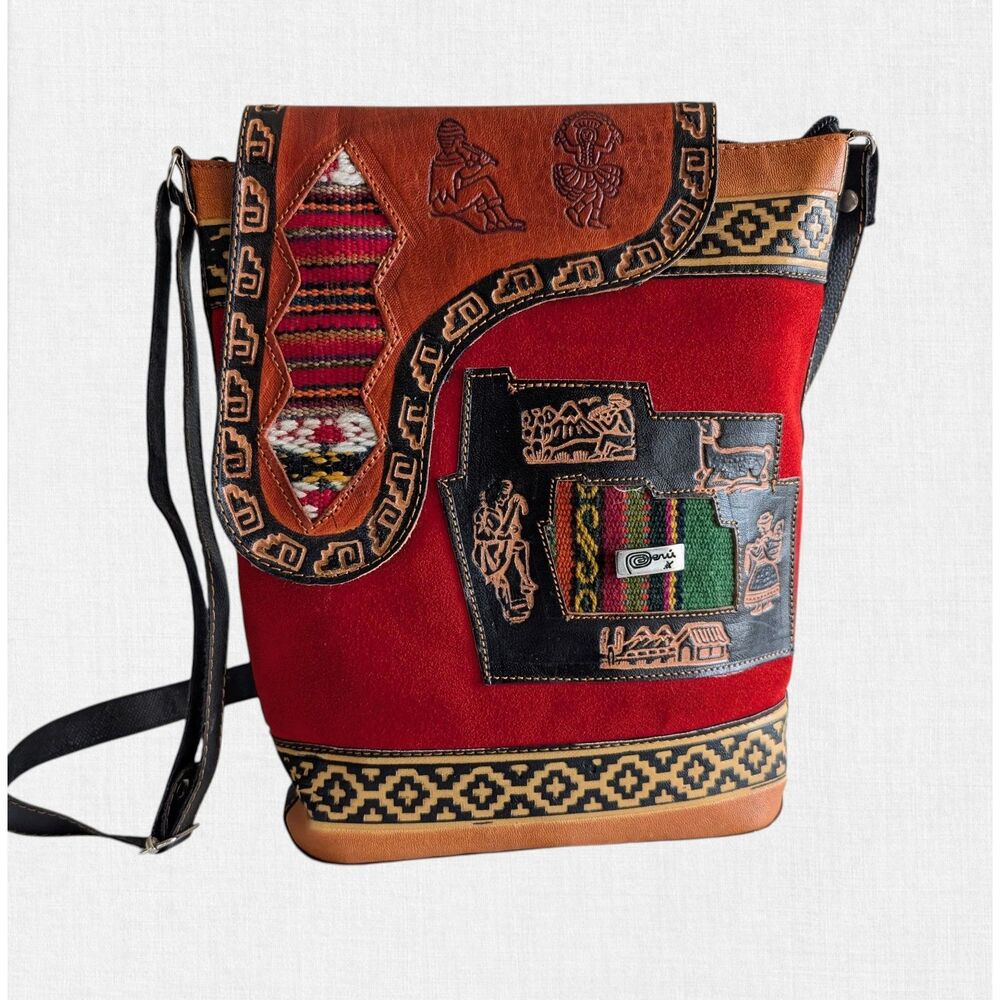 Peruvian Leather Crossbody Bag Boho Andean Woven Textile Embossed Llama